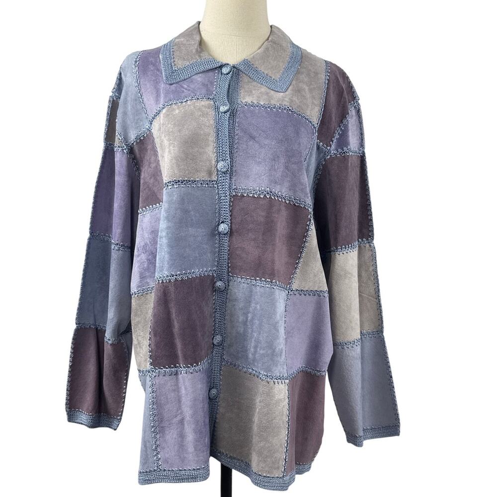 Vintage 90s Denim & Co Purple Patchwork Suede Leather Crochet Jacket Women's 2X